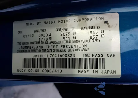 2012 Mazda 3 I from USA, damaged, VIN JM1BL1L70C1600823